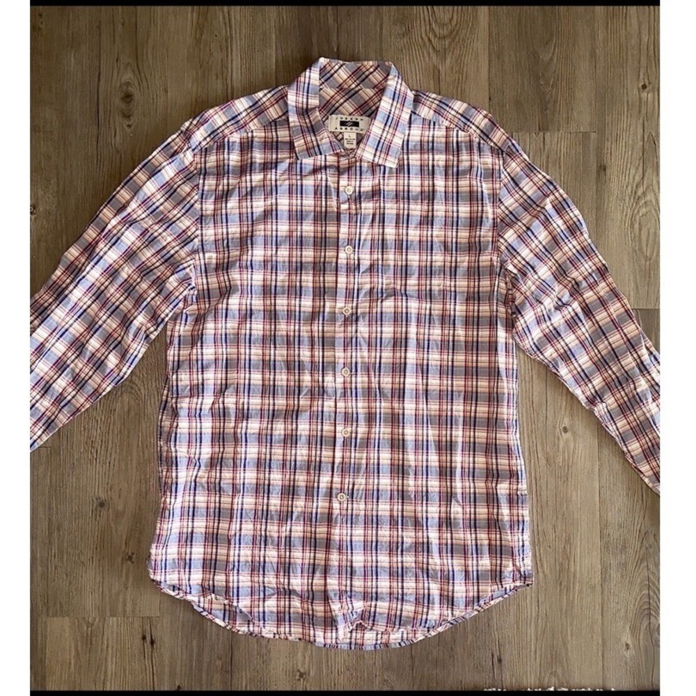 Joseph‎ Abboud Mens Large Plaid Button Down Shirt Blue Orange Cotton Long Sleeve